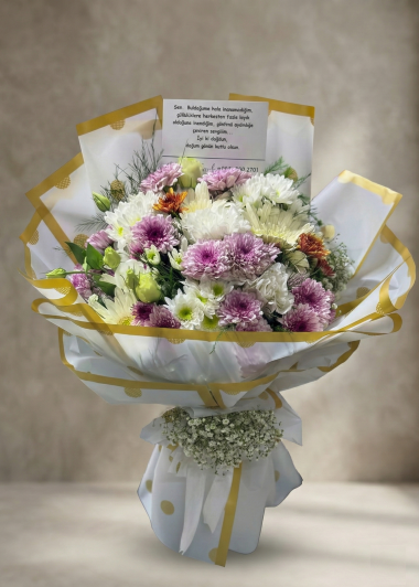 Gold Detaylı Zarif Mevsim Buketi (Gaziantep'e Aynı Gün Teslim) Gaziantep Çiçekciler